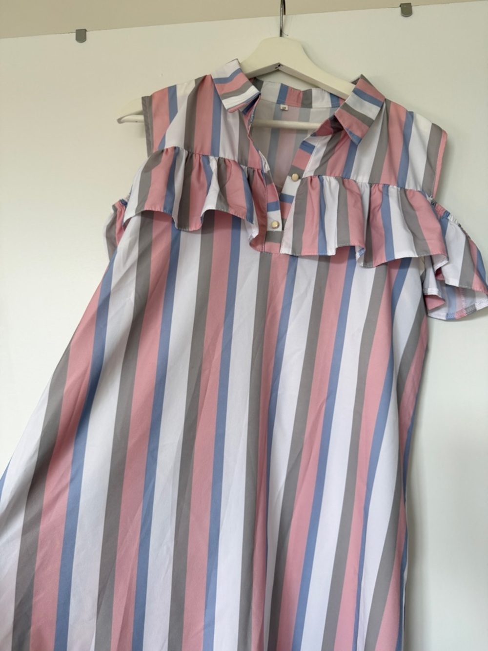 Striped Cold-Shoulder Midi Dress in Pink, Blue, Gray & White - Picture 7 of 7